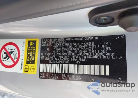 2010 Lexus Rx 350 z USA, uszkodzony, nr VIN 2T2ZK1BA4AC030893